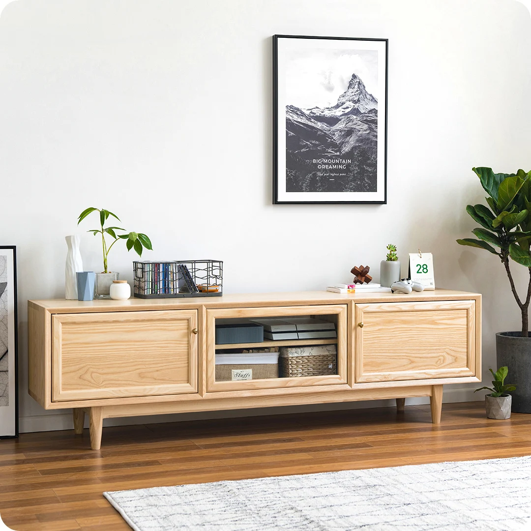 Kaihuai TV Cabinet] Original Nordic pure solid wood tenon and mortise white wax black walnut glass audio-visual cabinet