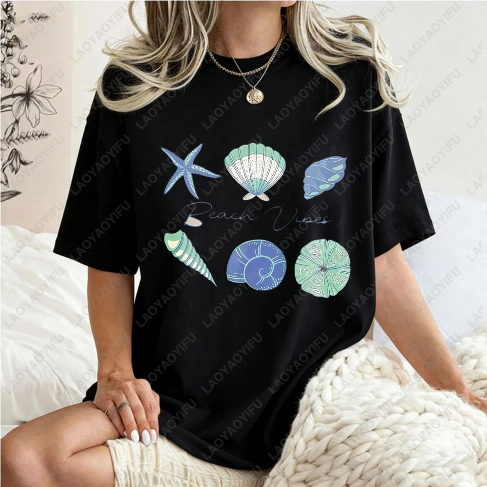 

Sea Shells And Starfish Beach Vibes Unisex Cotton Watercolor Marine T-Shirt Summer Casual Fashion Trendy Top For Men And Women