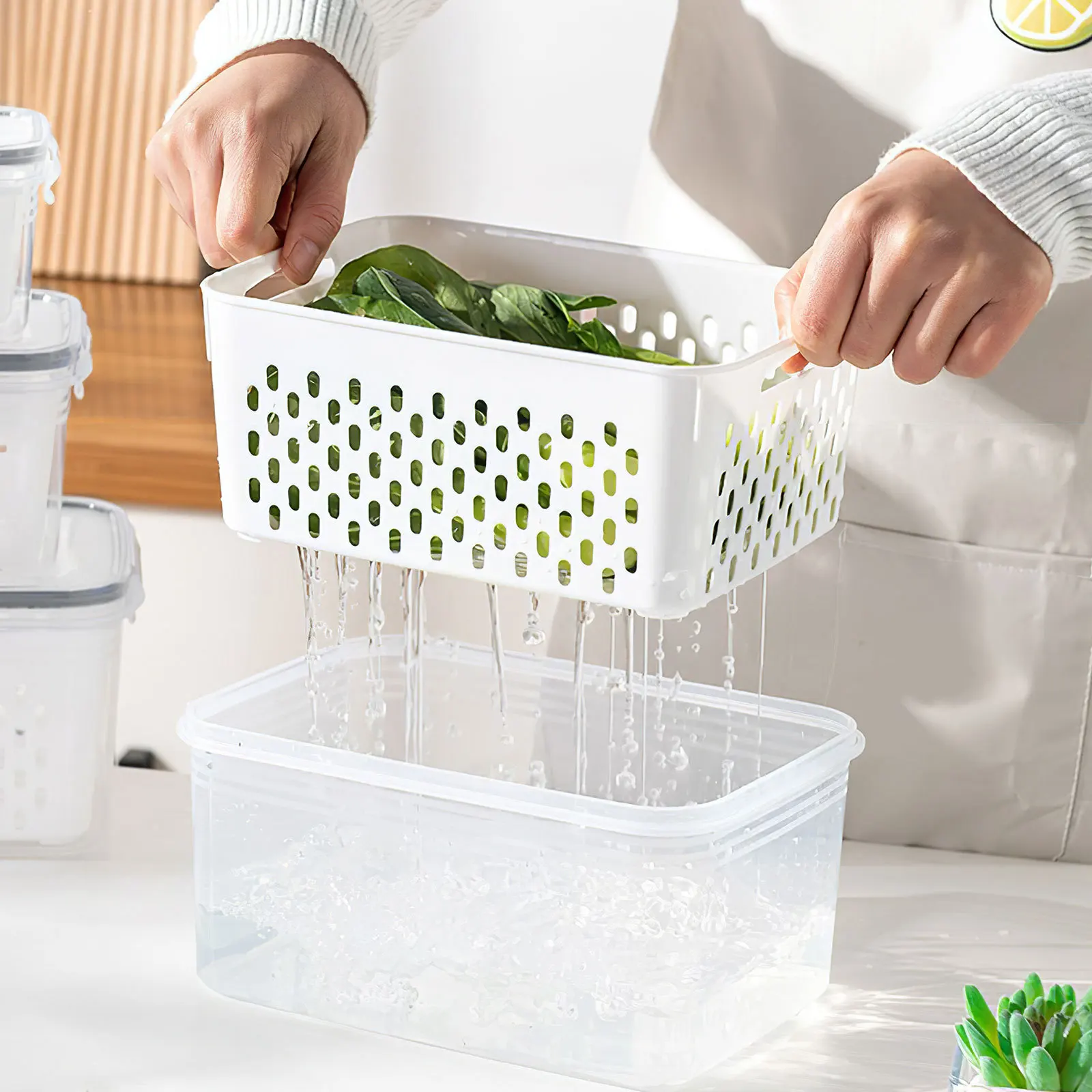 

3Pcs Produce Saver Container Set Fruit Vegetable Storage Containers Reusable Organizer Bin Detachable Drain Basket for Fridge