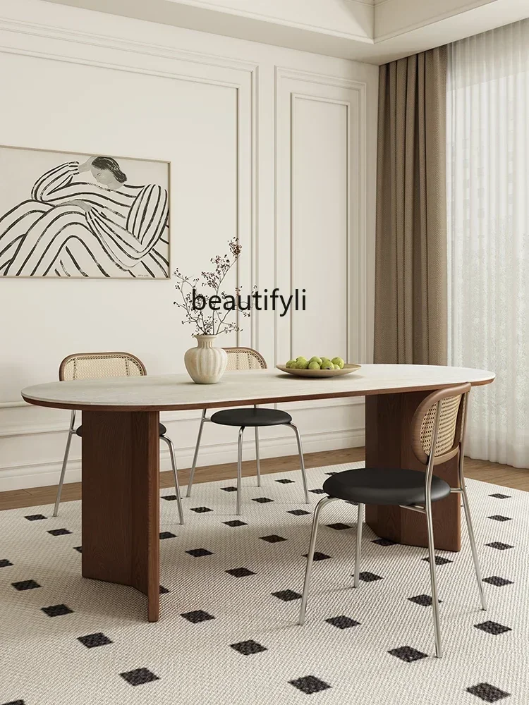 FG10French  Solid Wood Dining Table Designer Model Small Apartment Mid-Ancient Oval Cave Stone Stone Plate Dining Table and Chai