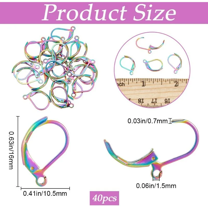 1 Box 40Pcs Leverback Earring Findings Stainless Steel Earring Hooks Bulk French Wire Rainbow Color Lever Back Small Huggie