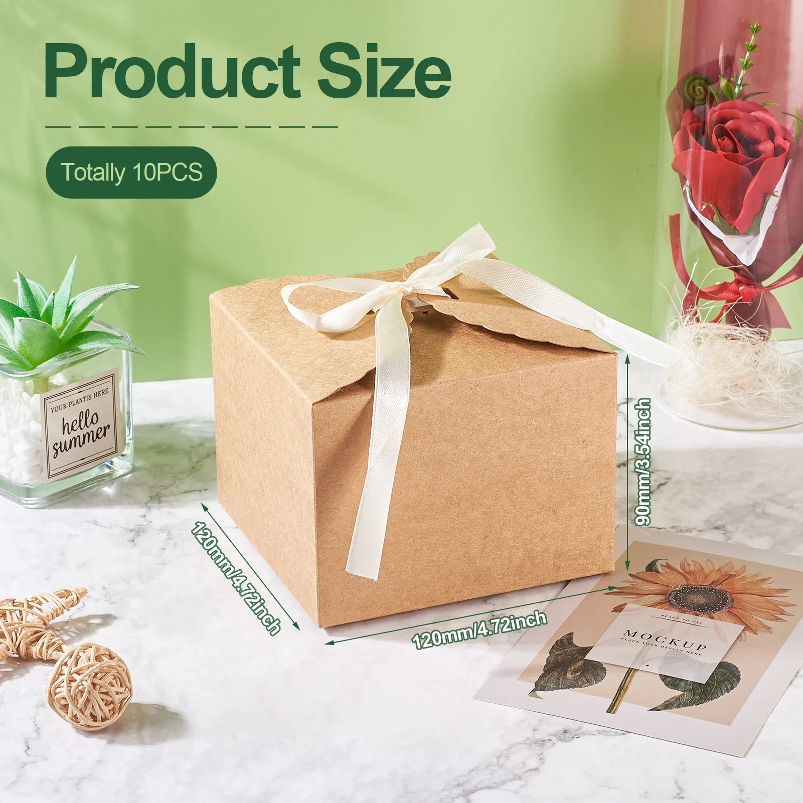 Pandahall 10pcs Square Kraft Paper Storage Boxes Cardboard Box with Ribbon for Wedding Party Gift Supplies Cake Packing