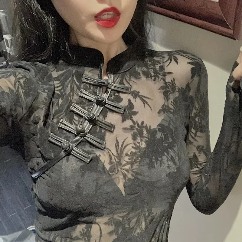 2026 Fashion Lace See Through Shirts and Blouses Summer Woman Long Sleeve Slim Korean Turtleneck Black Sexy Tops for Women Y2k