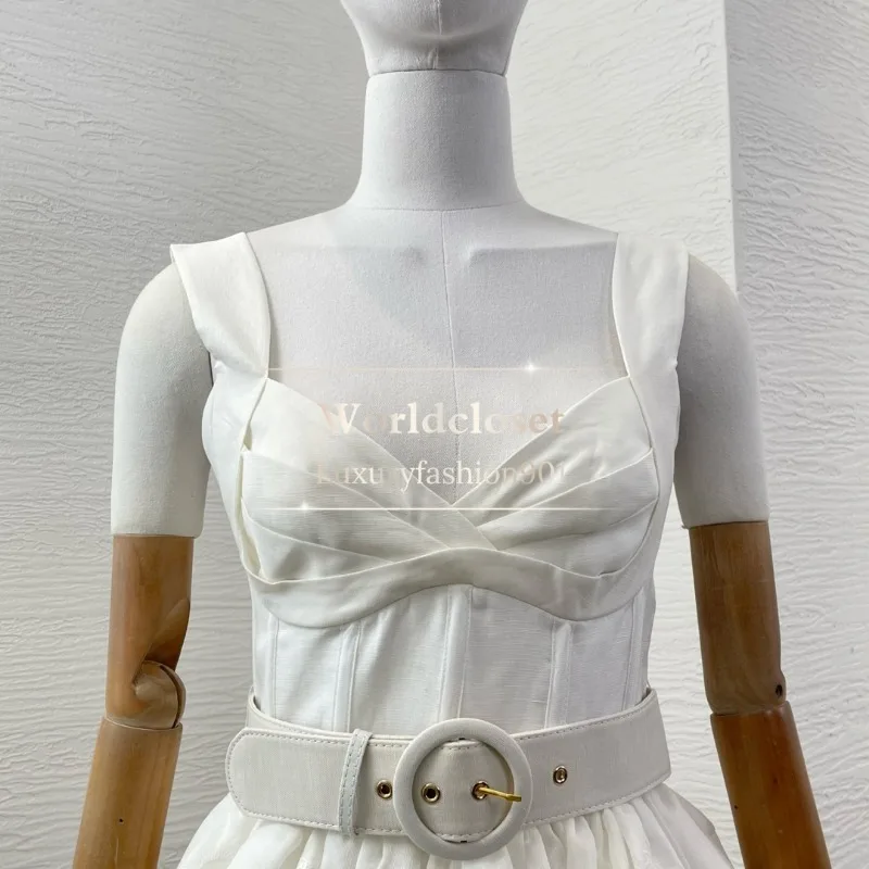 White Lace Patchwork Sleeveless Heart Shaped Collar Pleat Backless Mini Dress 2025