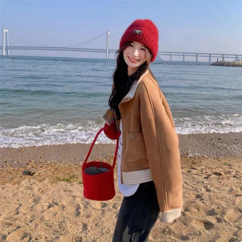 Tagkita Pelle scamosciata da donna Jaet ort Thiened Pelliccia di agnello imbottitura integrata in pelle e pelliccia Autunno Inverno Nuova chiusura con cerniera Sle...