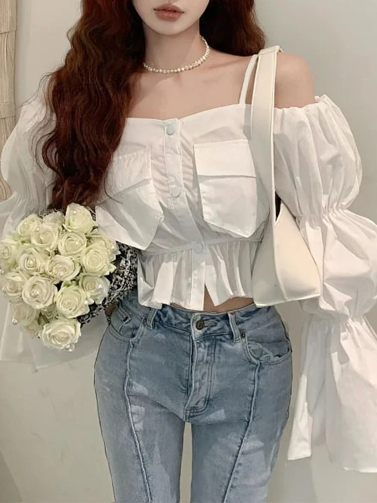 French Design Square Neck Ruffle Edge Women Bubble Sleeve Low Cut Off Shoulder Women's Fashion Solid Color Sweet Short Top Shirt