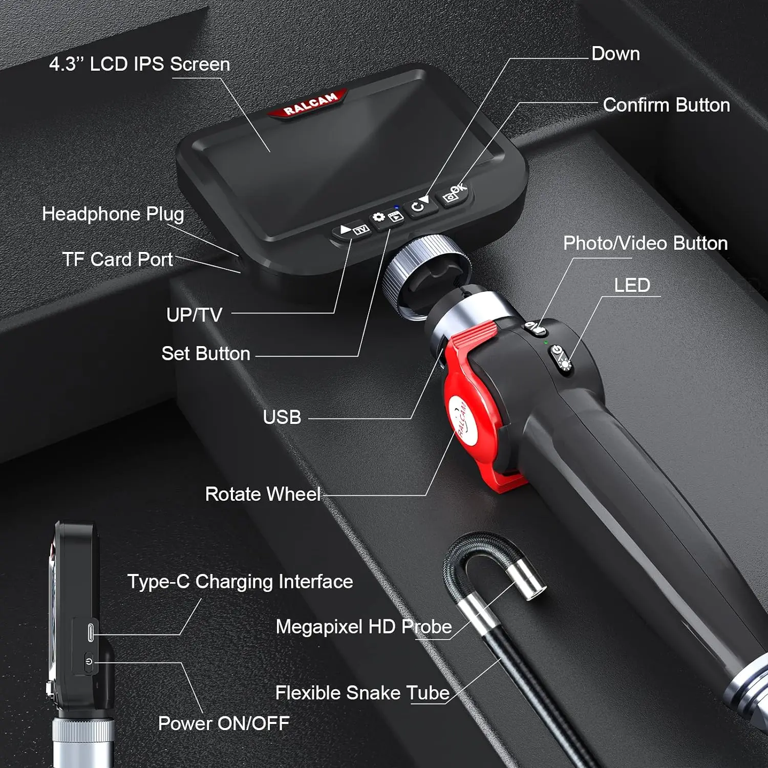 Ralcam Articulating Borescope - Endoscope 6.2mm Inspection Camera Cameras with 6 LED, IP67 Waterproof Semi Rigid Cable