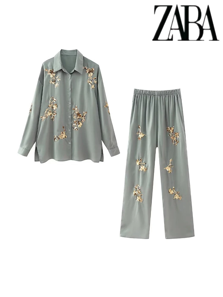 TRAF Women's Fashion Sequins Splicing Pattern Set Long Sleeve Lapel Single Button Shirt Temperament Elastic Waist Trousers Set