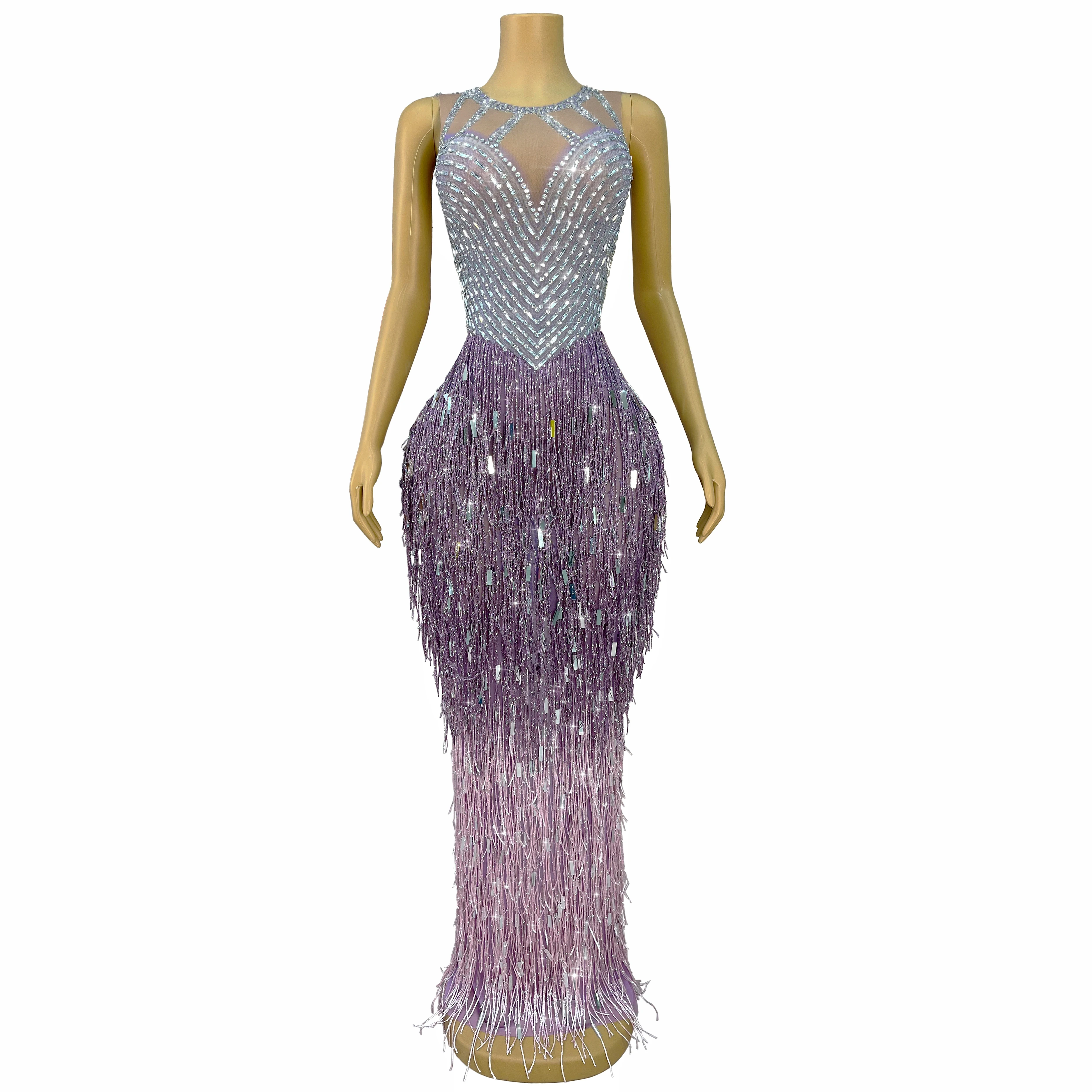 

Luxurious Heavy Purple Pink Tassels Elegant Gown Shining Rhinestones Sequins Mesh Dress Evening Party Blingbling Outfit piaoliu