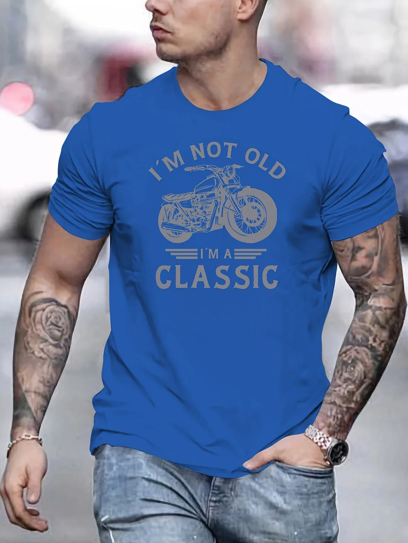 Summer casual men's retro motorcycle pattern "I'm not old, I'm classic" printed short sleeved round neck T-shirt, Father's Day g image 6