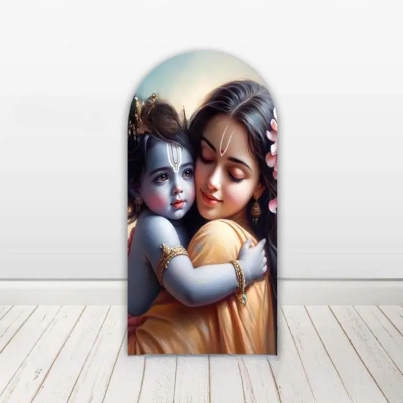 Mocsicka خلفية قوس الهند ياشودا وكريشنا ديكور مخصص 2-الجانب يغطي استحمام الطفل حفلة عيد ميلاد حفل زفاف صورة خلفية