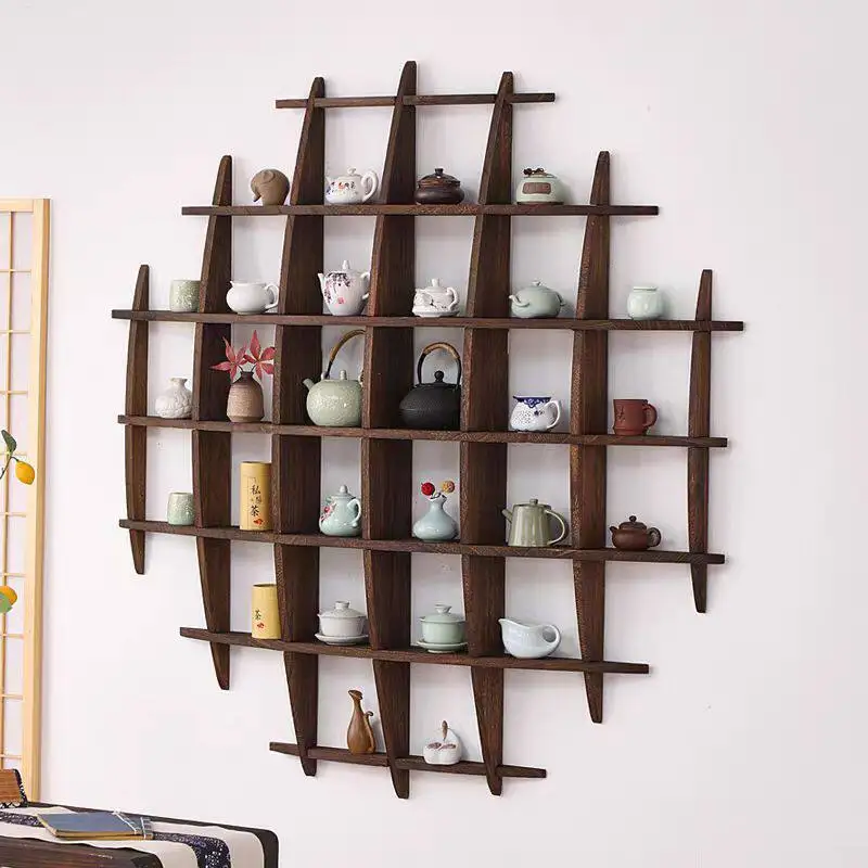 Bogu rack wall-mounted solid wood, modern simple Duobao Pavilion wall-mounted, Chinese tea rack rack