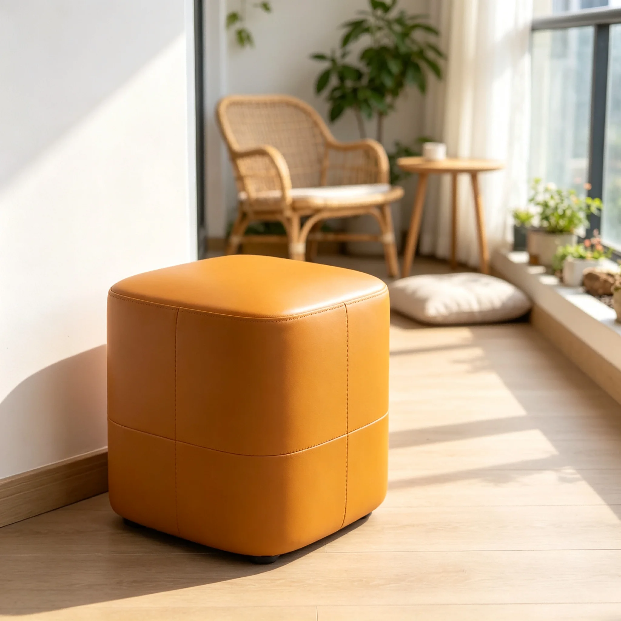 AOLIVIYA Napa Leather Square Minimalist Shoe Chair Hallway Bench Ottoman Foot Stool