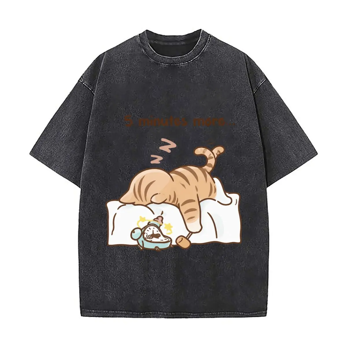 5 Minutes More Lazy Sleeping Cat Alarm Clock Humor Graphic Washed Vintage Short Sleeve Loose Streetwear Tee
