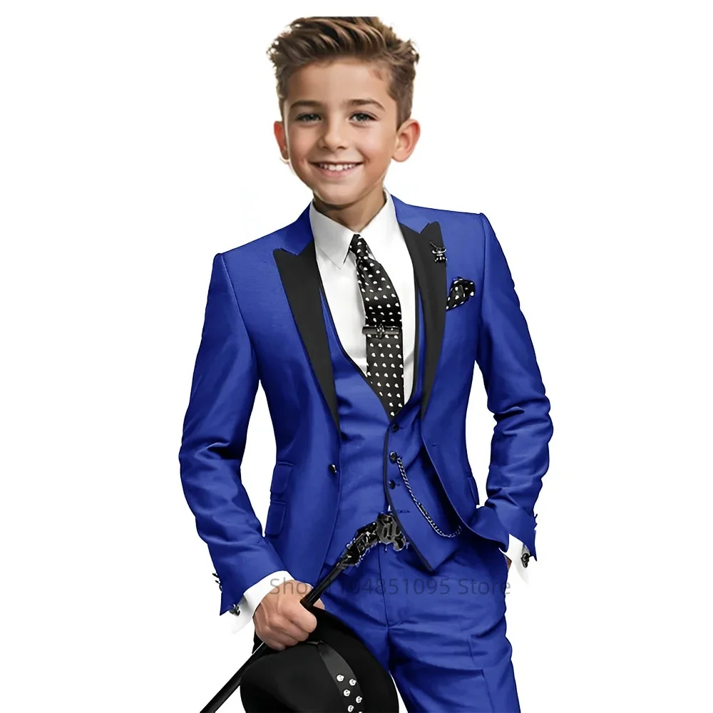 Blue Boys Suit 3 Piece Set Fashion Design Jacket Pants Vest Wedding Kids Tuxedo Formal Graduation Outfit Stage Performance Suit