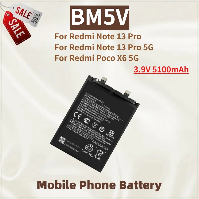 

High Quality BM5V Phone Battery 3.9V 5100mAh For Redmi Note 13 Pro Redmi Note 13 Pro 5G Poco X6 5G Brand New Replacement Battery