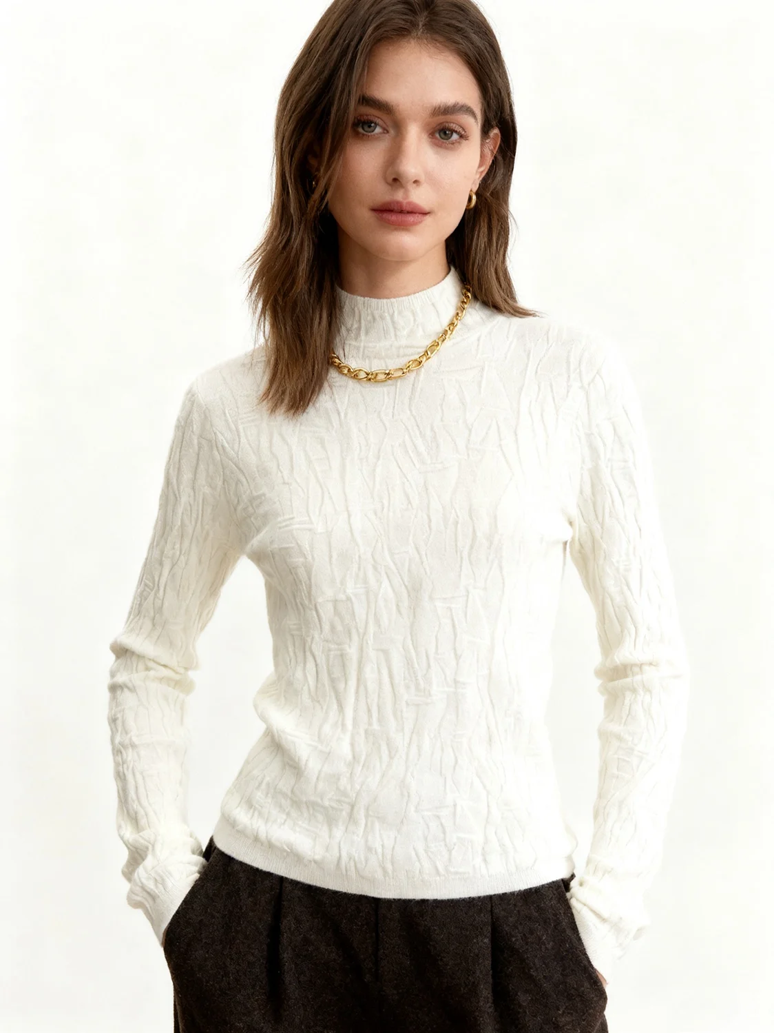 

Warm Woolen Knitted Sweater Women's Slim Fit Long Sve f High Collar Folded Design Base irt Commute Wear Casual Sle