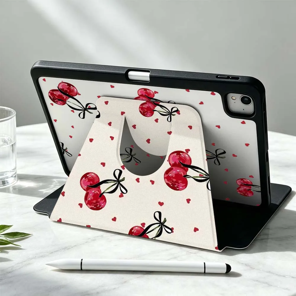 Stylish Heart-Shaped Cherries For iPad Pro Air mini 6 5 4 12th M5 M4 M3 M2 A16 A17Pro 360° Rotation Stylus Storage Tablet Case