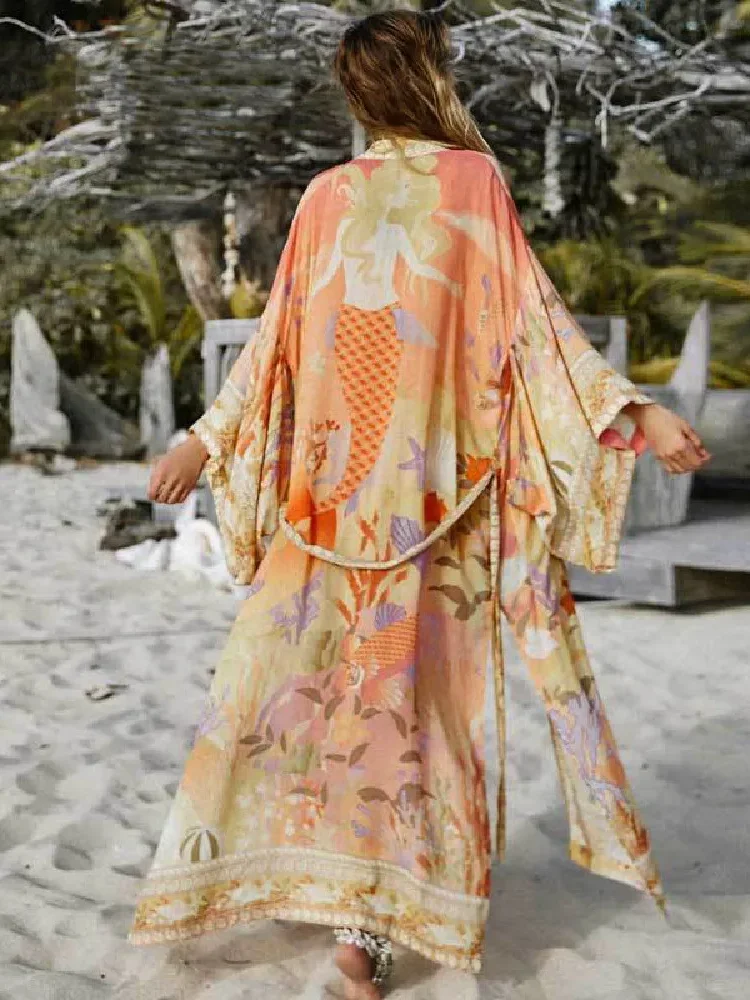 2023 Bohemian Printed Summer Beach Wear Clothing Long Kimono Autumn Plus Size Tunic Women Tops Self Belted Wrap Coat A155