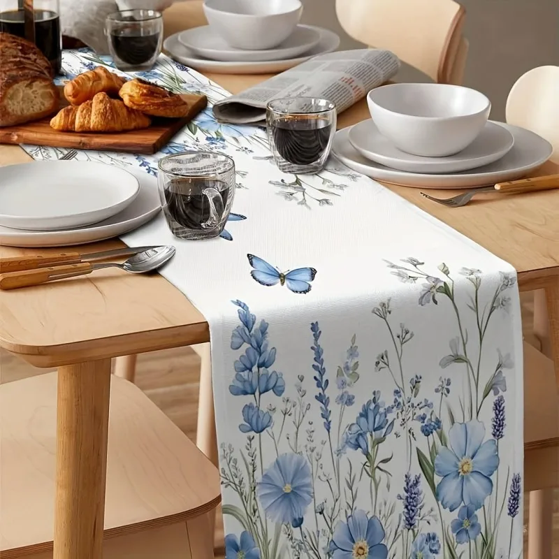 Blue Floral Butterfly Printed Linen Table Flag, French Country Style Home Decoration Table Flag, Kitchen Dining Table Decoration