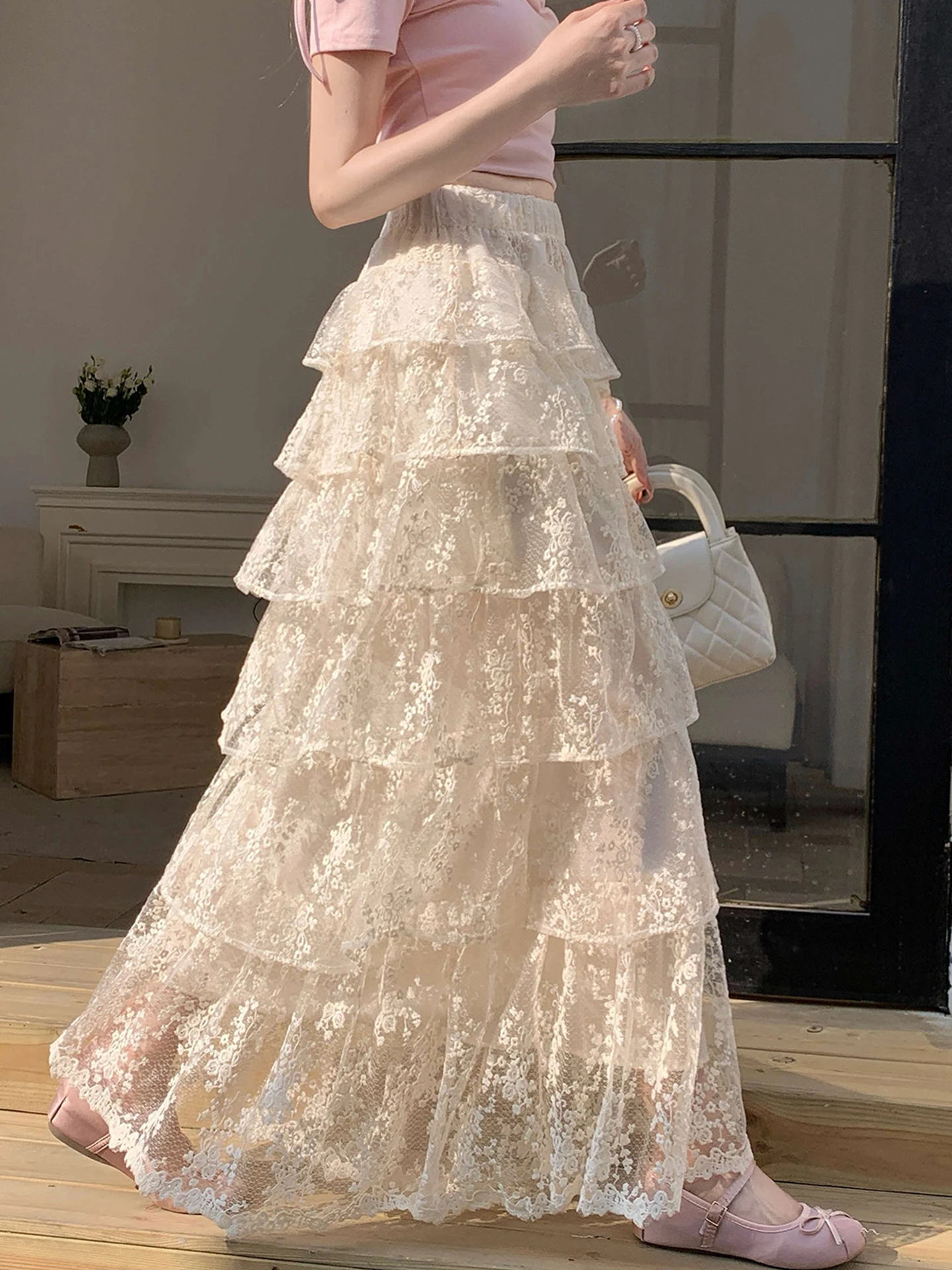 

Emily Clud Recommended Lace A-Line Skirt Women's Spring Summer Puffy Cake Skirt High Waist Casual High Waist Long Skirt