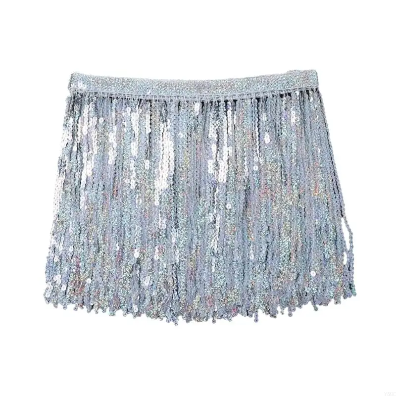 Y5GC Womens Belly Dance Elastic Waist Fringed Mini Skirt Sequins Tassels Hip Scarf