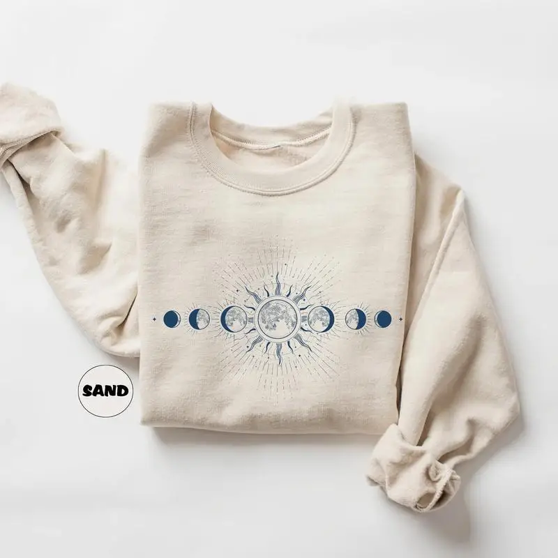 천상의 스웨트셔츠, 달의 위상 스웨트셔츠, 신비로운 태양과 달 스웨터, 보헤미안 달 천문학 의상, 영적 달 여성복