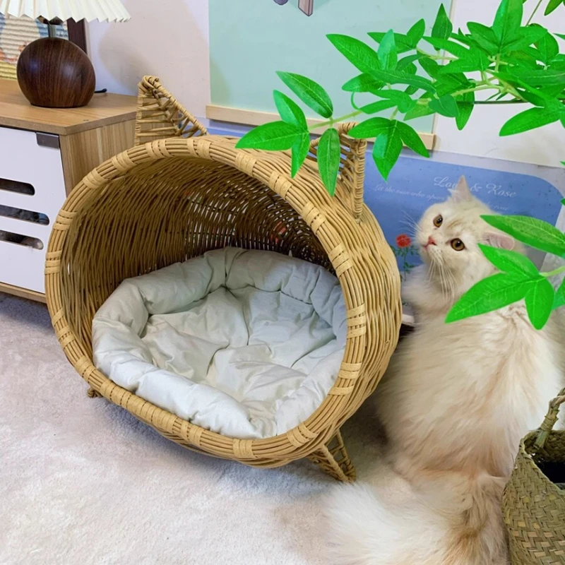 

Imitation Rattan Woven Cat Bed All Season Cat House Moisture-proof Breathable Feline Cottage for Summer Ventilated Cats Hammock