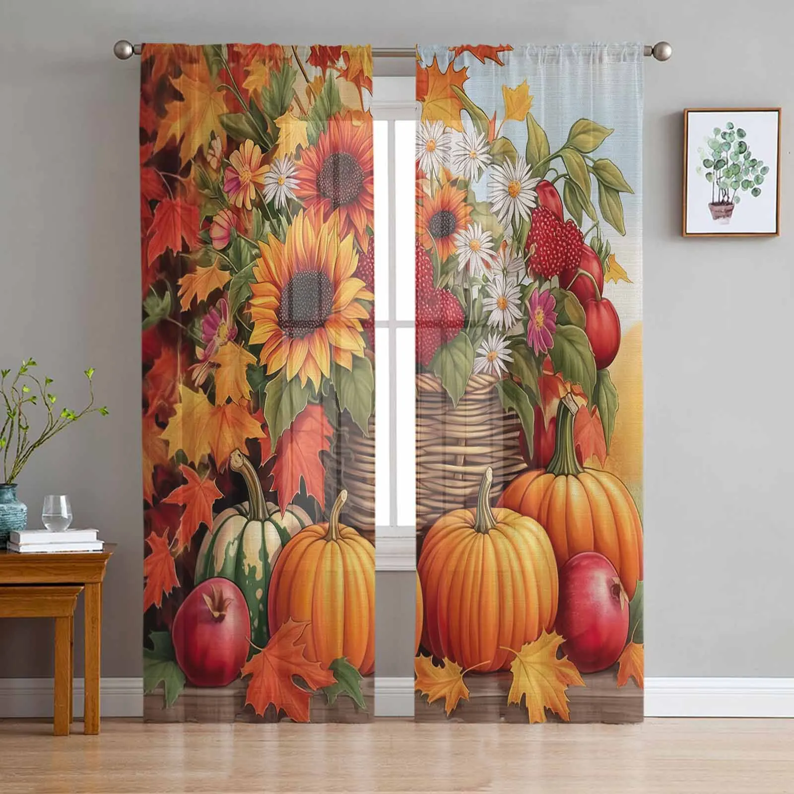 Sunflower Pumpkin Maple Leaf Pomegranate Tulle Curtains for Living Room Bedroom Sheer Voile Curtain Home Decor Kitchen Curtain