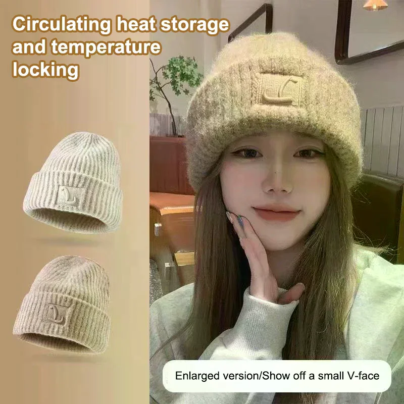 قبعة خشنة متماسكة حرف L بلون Skullcaps للنساء شتاء دافئ غطاء للأذنين قبعة الفتيات ركوب التزلج بونيه