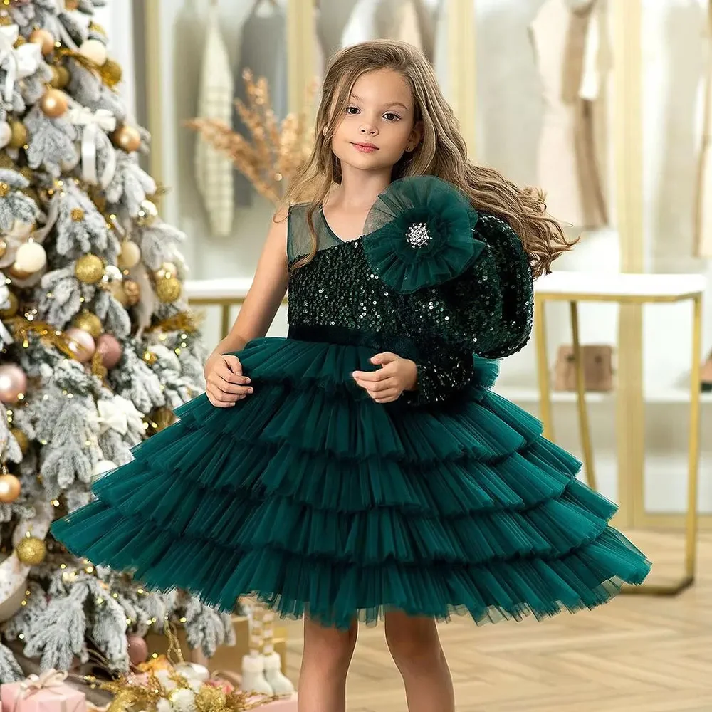 Grüne 3D-Blumen-Ons-Schulter-Blumenmädchenkleider mit Pailletten, A-Linie, gestuft, knielanges Kleid, Erstkommunion, Geburtstagsparty-Kleider