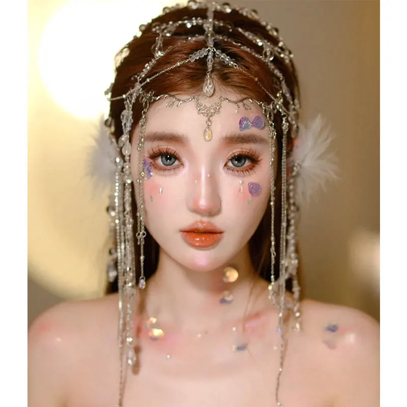 Mermaid Hair Ornament Rhinestone Tassel Eyebrow beads Pendant Princess Forehead Headwear for Women