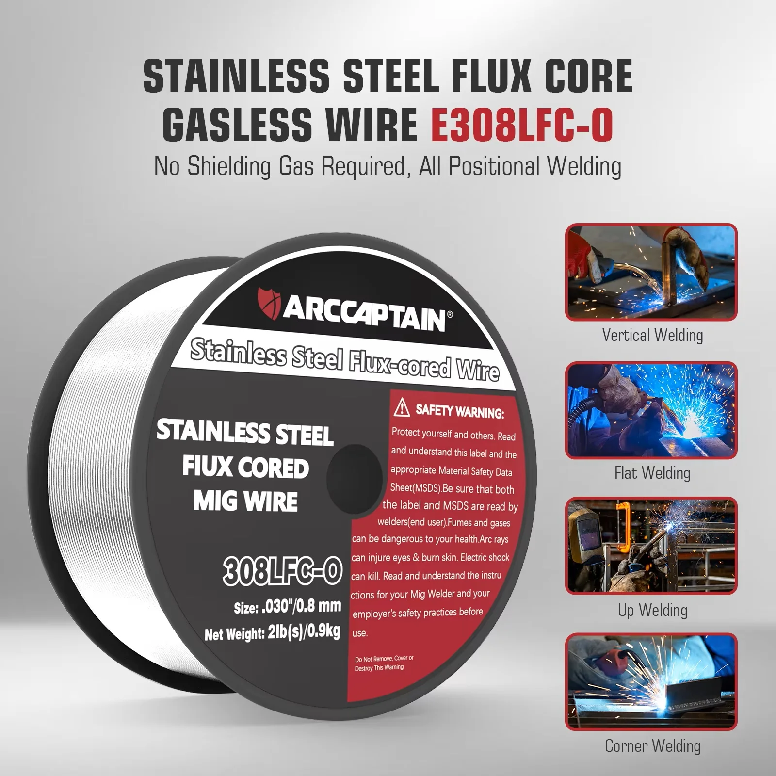 ARCCAPTAIN Stainless Steel Flux Cored Wire MIG Welding Wires E308LFC-O .030-Diameter 2 Pounds Spool For Mig Welding Machine