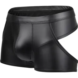 The new delivery imitation leather men's boxers low-waisted sexy patent leather underwear hollow stage