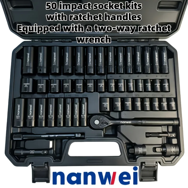 

A Robust 50pcs Impact Socket Set Featuring a 72-Tooth Ratchet, Drive Extension Bar, Adapter, And Drill Converter, Covering SAE Sizes from 5/16" to 3/4" And Metric Sizes from 8Mm to 22Mm