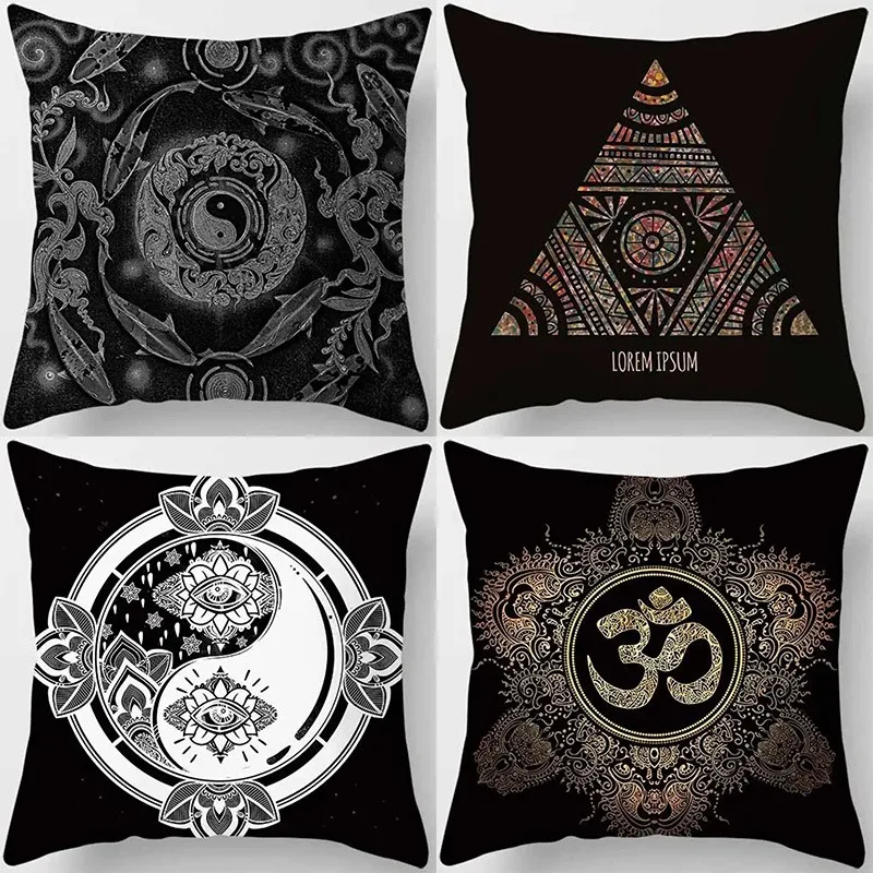 Exotic Symbols: Yin Yang & Om Pattern Pillows Pattern Cushion Cover Suitable for Sofa Bedroom Car Pillow Cover
