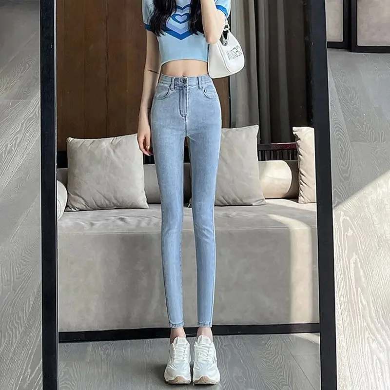 

Женские темно-синие джинсы с высокой талией, новинка 2026 года, с пушистой подкладкой, облегающие брюки-карандаш