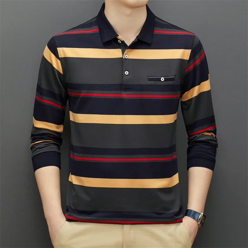 New Men\'s Casual Stripe Plaid Long Sleeve Polo Shirt Fashion Solid Polo Top