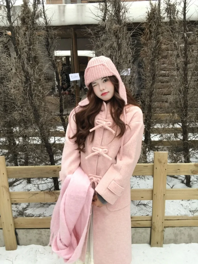 

Girls Pink Bowknot Open Front Long Loose Woolen Coat Winter Knee-Length Women's Faion Outerwear Warm Thiened Straight Hem