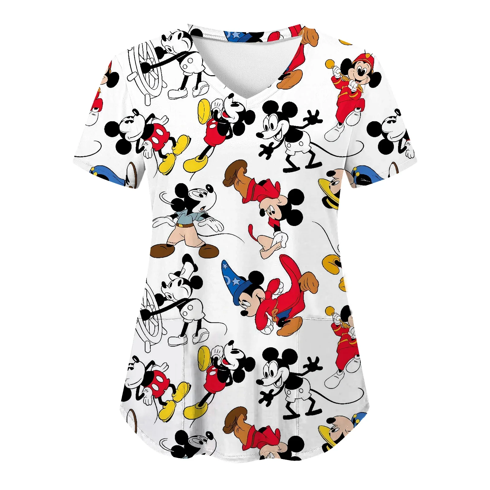 

Miniso Minnie Mouse T-shirts V Neck Woman Clothes Hospital Tops Disney Top Women 2024 Nurse Uniform T-shirt Pocket Summer Tees