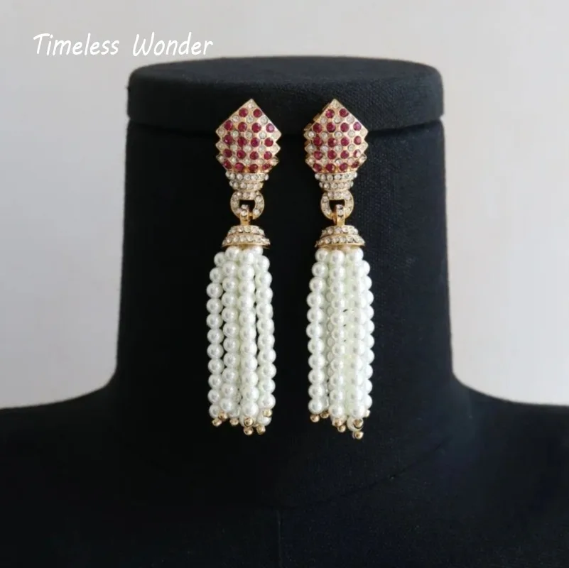 

Timeless Wonder Fancy Zircon Geo Glass Tassel Clip on Earrings for Women Designer Jewelry Luxury Runway Gift Top Rare Neat 3328