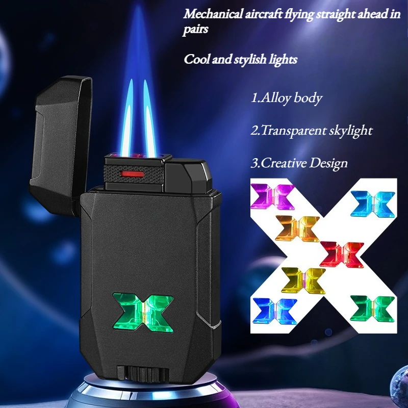 

Mechanical Suit Dual Straight Thrust Intense Firepower Seven-color Flashing Lights Metal Inflatable Windproof Cigar Lighter