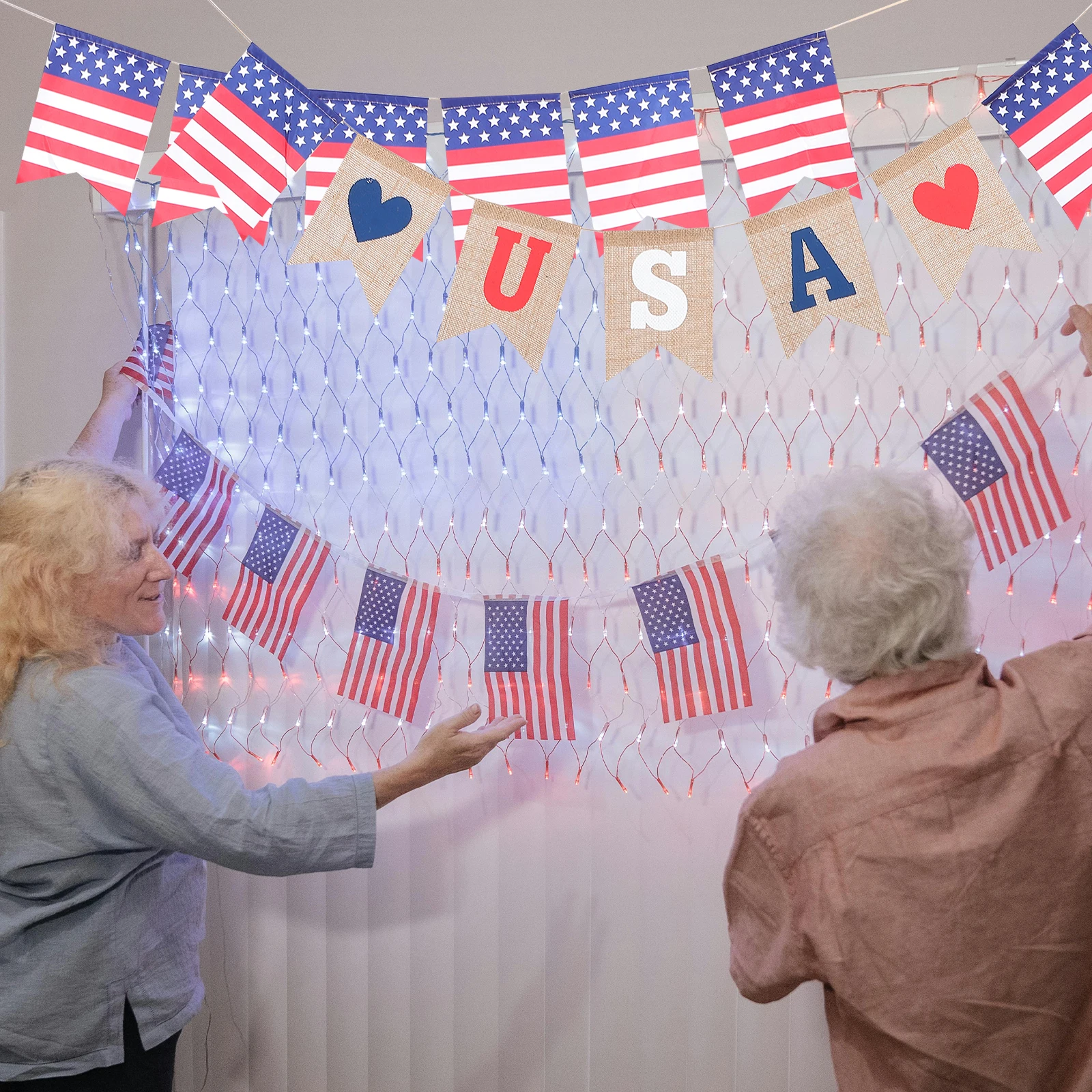 

2pcs US Flag Banner Garland Pull String Decoration Patriotic Bunting for Independence Day Party Home Window Wall Decor of July