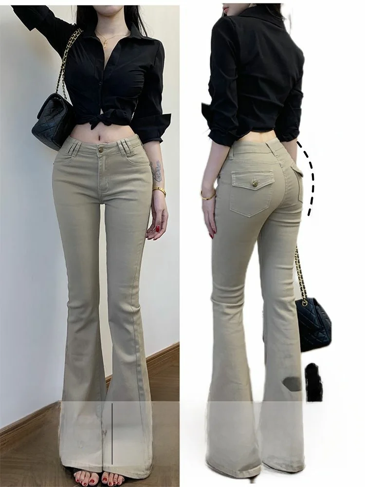 

Утягивающие джинсы цвета хаки с высокой талией в американском стиле, женские осенне-зимние новые расклешенные брюки маленького размера с прямыми штанинами