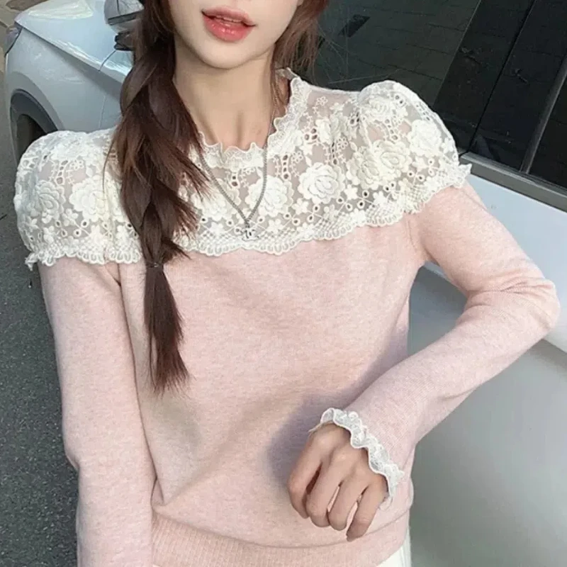 Solid Color Crew Neck Lace Patchwork Long Sleeve Knitted Female Autumn Winter Slim Undershirt Commute All-match Classic Pullover