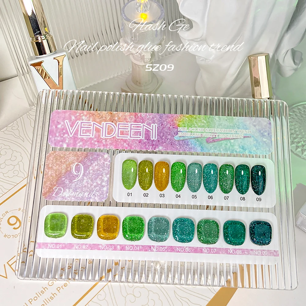 Vendeeni 9 Farben/Set Grüner Glitzer-Broken-Diamond-Gel-Nagellack TPO FREI Semi-Permanenter Glitzer-UV-LED-Gel-Lack mit Display – Detail 2