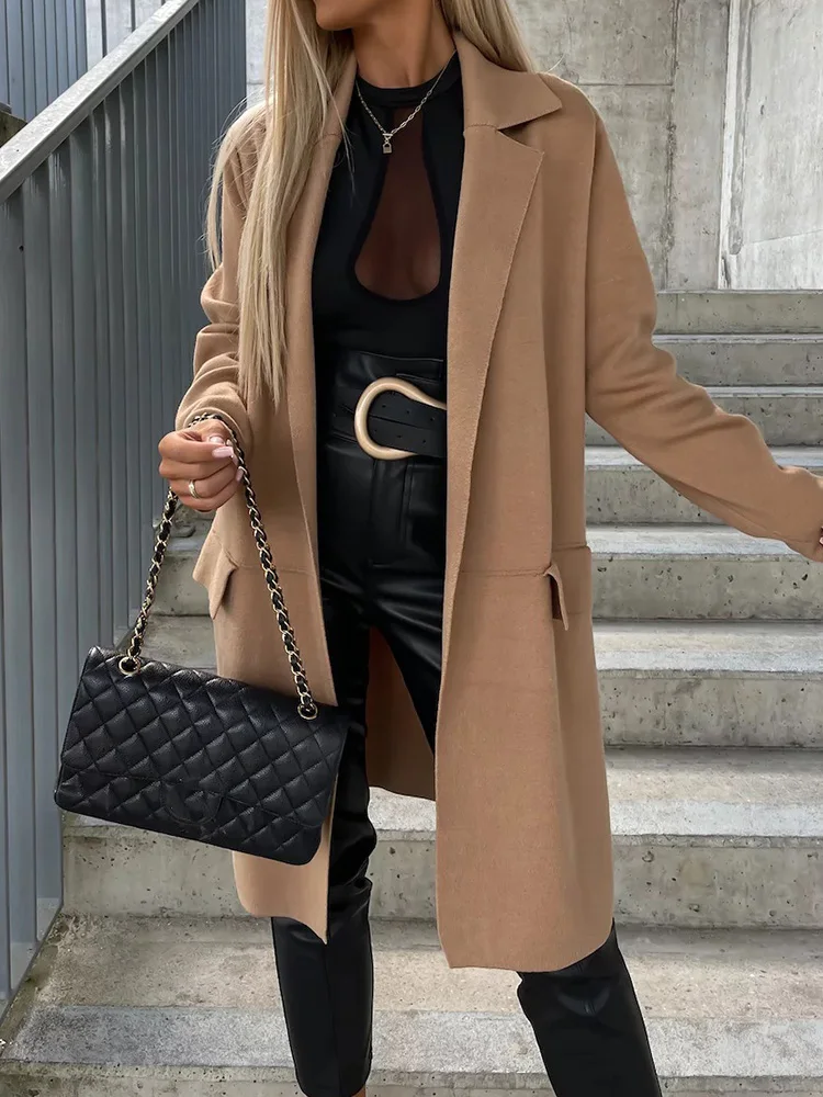 

Office Lady Autumn Winter Basic Cardigan Women Casual Full Sleeve Long Outerwear Outdoor Solid Wool & Blends Coats Dropshipping