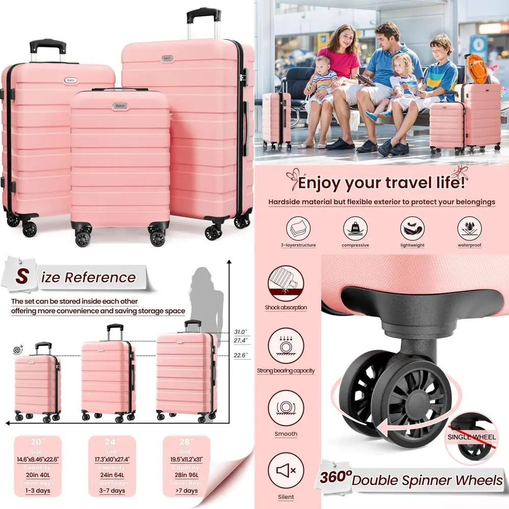 Lightweight ABS Hardshell 3-Piece Luggage Set with 4 Double Spinner Wheels, TSA Lock, Travel Suitcases for 20