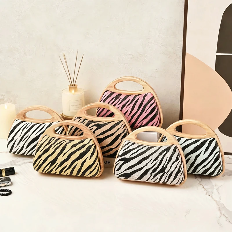 

New Zebra Print Evening Handbags Crossbody Clutch for Wedding Bag Wooden Frame Clasp Bag Luxury Designer Wallets for Ladies 2026