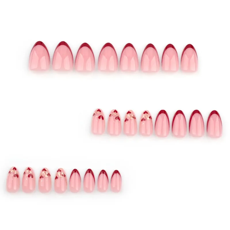 24 stks/set chique rode amandelvormige persnagels glanzende volledige dekking nepnagels met strikaccenten Franse nageltips voor dames en meisjes